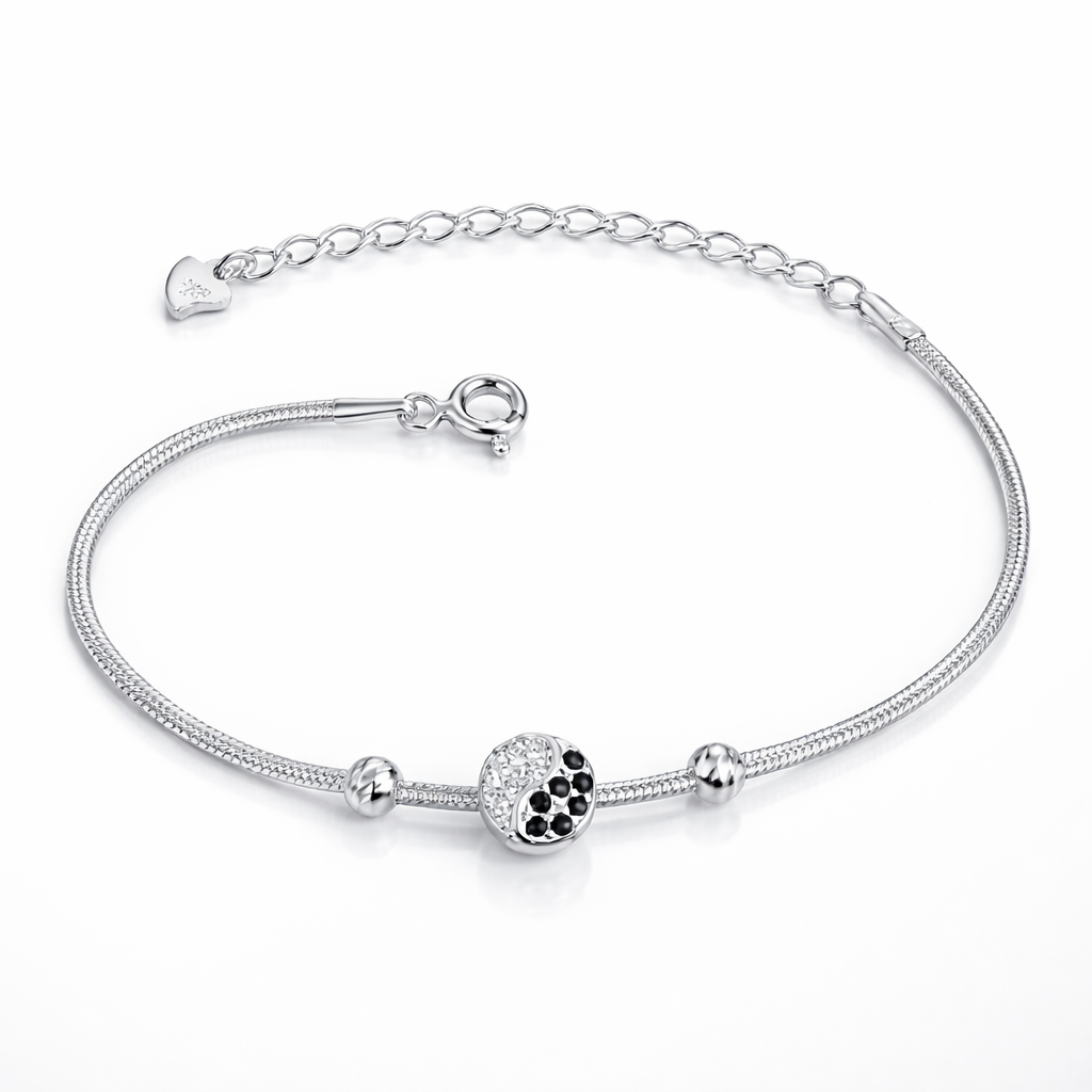 Brățară din argint 925 cu simbol Yin–Yang pavé, lanț ajustabil elegant