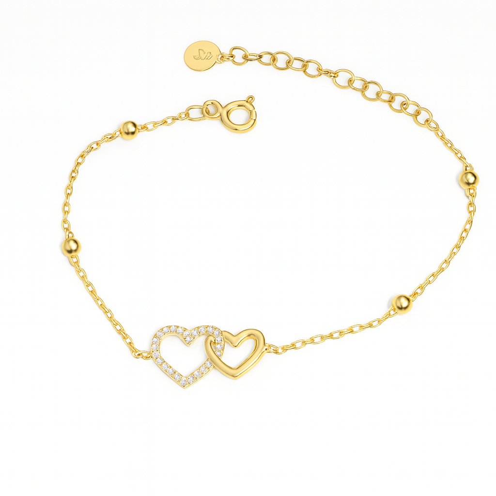 Brățară din argint 925 placată cu aur 14K cu două inimi întrepătrunse și zirconii, model elegant pentru femei