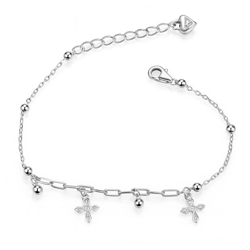 Brățară din argint 925 rodiat cu cruciulițe și biluțe lucioase pe fundal alb – bijuterie elegantă InfinityBijoux