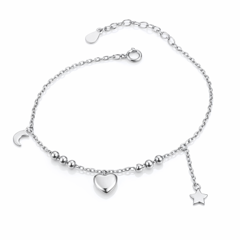 Brățară din argint 925 rodiat cu inimă, stea și lună – model reglabil elegant