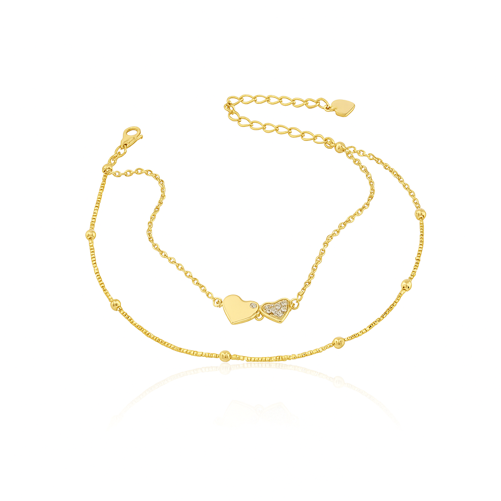 Brățară dublă din argint 925 placată cu aur 14K cu inimi împletite, simbol al iubirii – fotografie produs Infinity Bijoux pe fundal alb lucios.