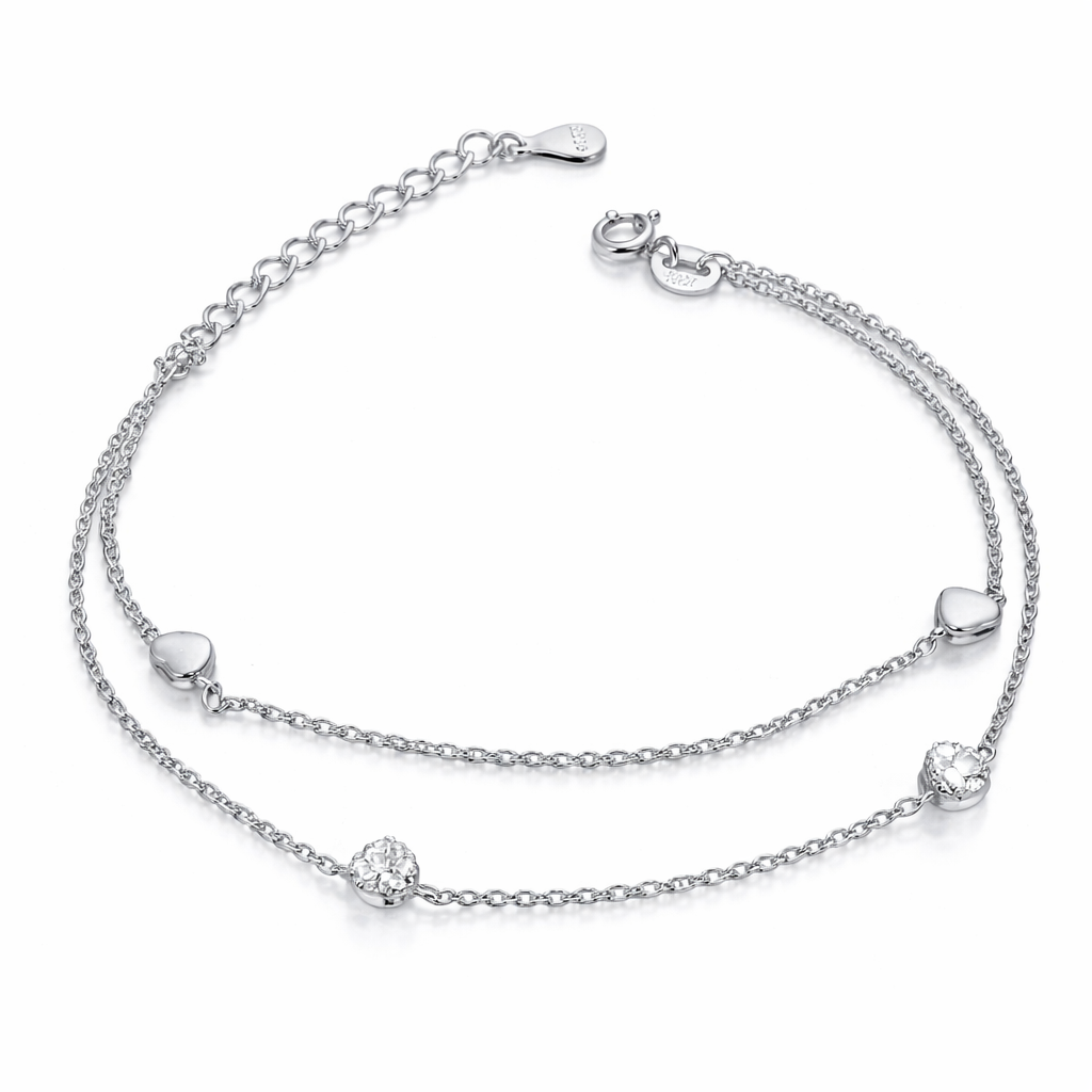 Brățară dublă din argint 925 rodiat cu inimioare și zirconiu, model elegant pentru femei