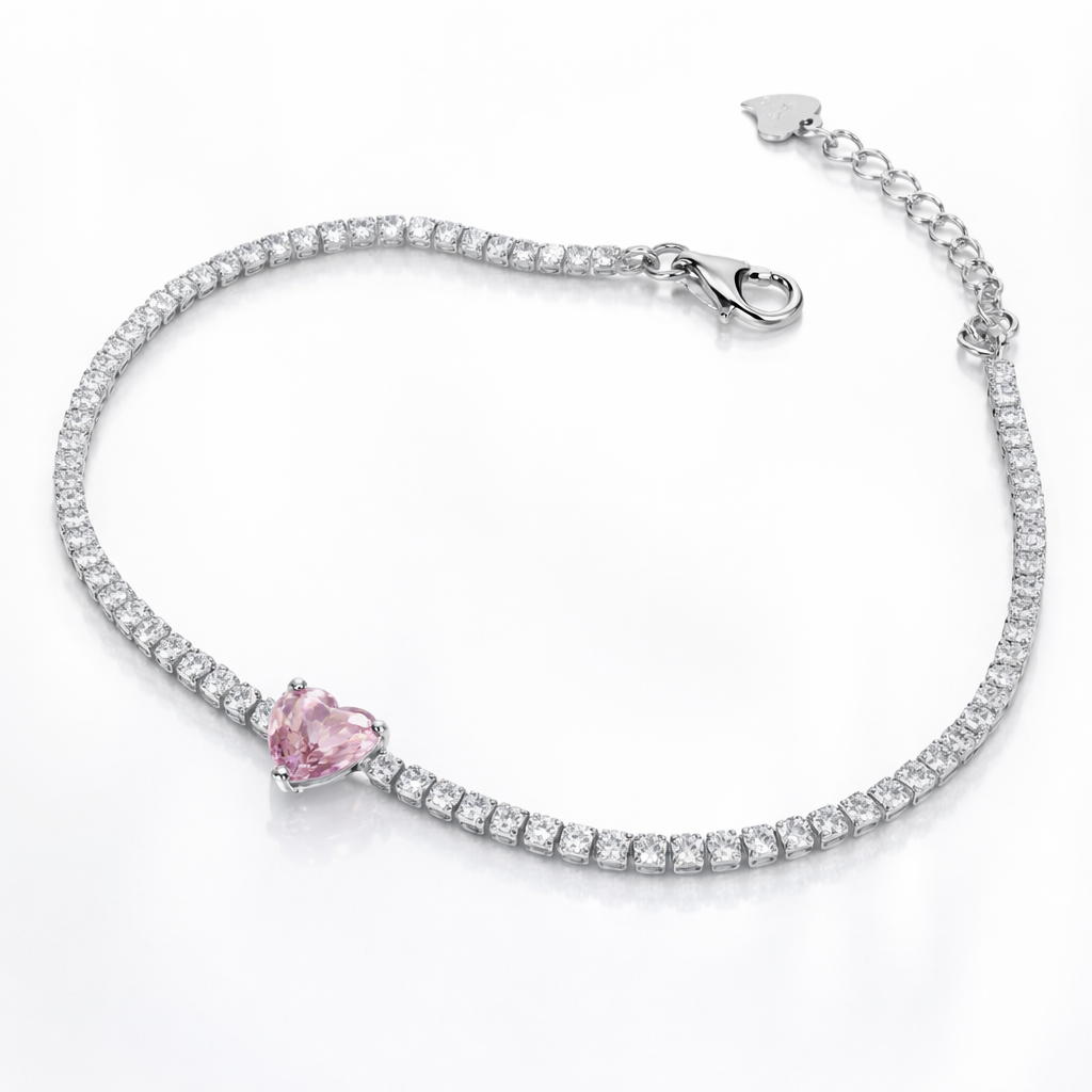 Brățară fină din argint 925 cu inimă roz și pietre strălucitoare, accesoriu cadou premium