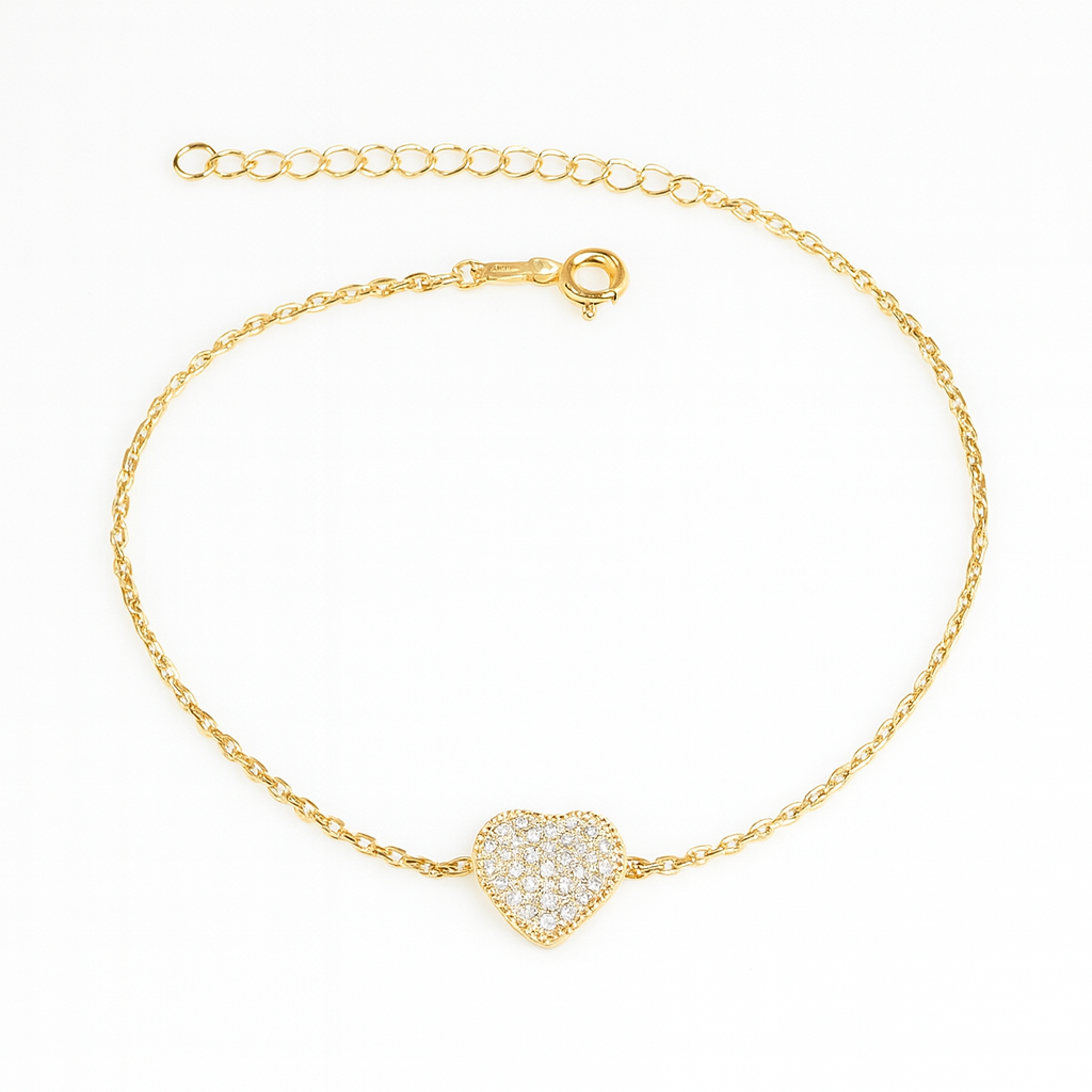 Brățară fină din argint 925 cu placare aur 14K și pandantiv inimă, ideală pentru cadou elegant.