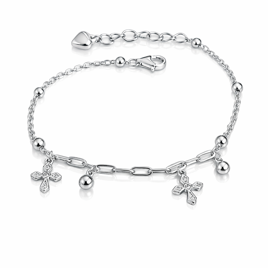 Brățară fină din argint 925 rodiat cu crucifixuri decorative, bijuterie religioasă elegantă
