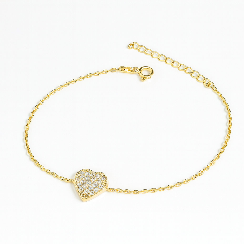 Brățară inimă din argint 925 placată cu aur 14K, bijuterie elegantă pentru femei, lungime reglabilă 17+3 cm.