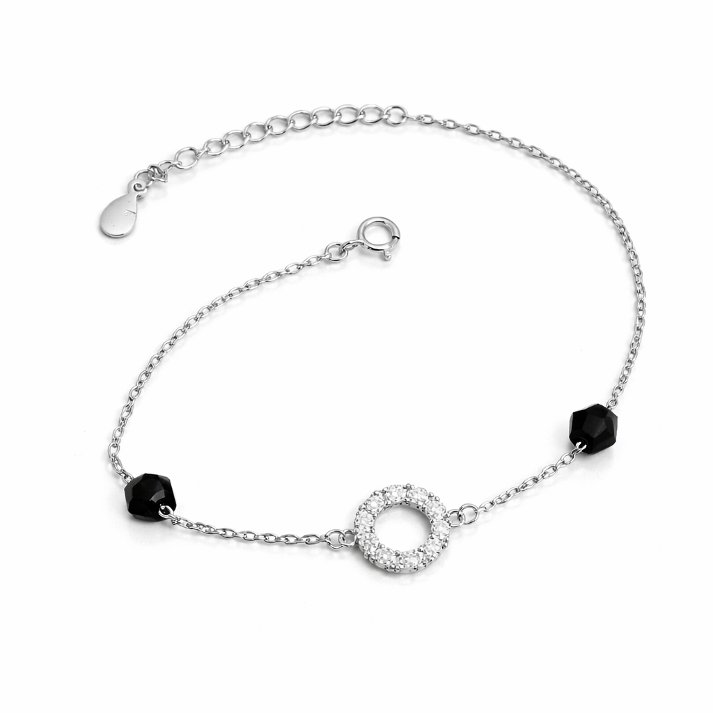 Brățară premium din argint 925 rodiat cu cristal negru, lungime ajustabilă 17+4 cm