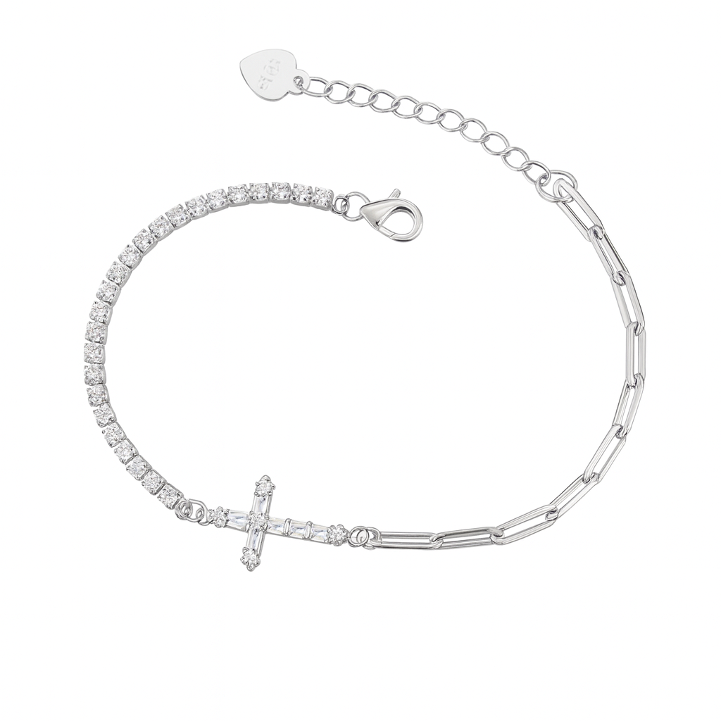 Brățară tenis din argint 925 rodiat cu cruce și zirconii, model elegant pentru femei