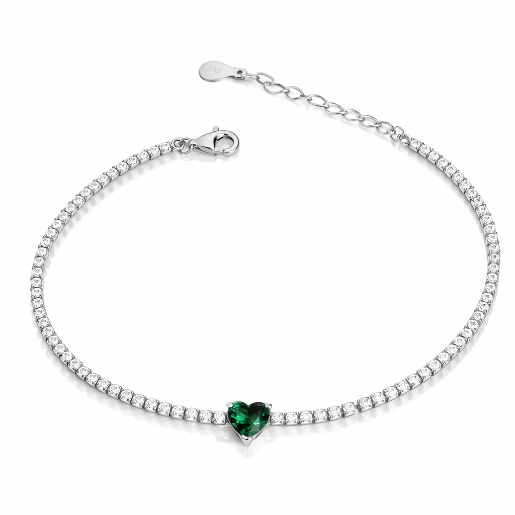 Brățară tennis din argint 925 cu inimă verde și zirconii albe, model elegant pentru femei.
