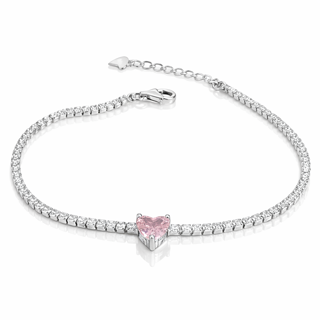 Brățară tennis din argint 925 cu piatră roz în formă de inimă, model elegant reglabil 17+3 cm