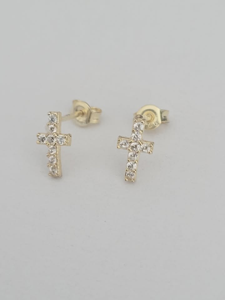 Cercei cu surub din argint 925 suflat cu aur, model cruciulita cu cristale din zirconii