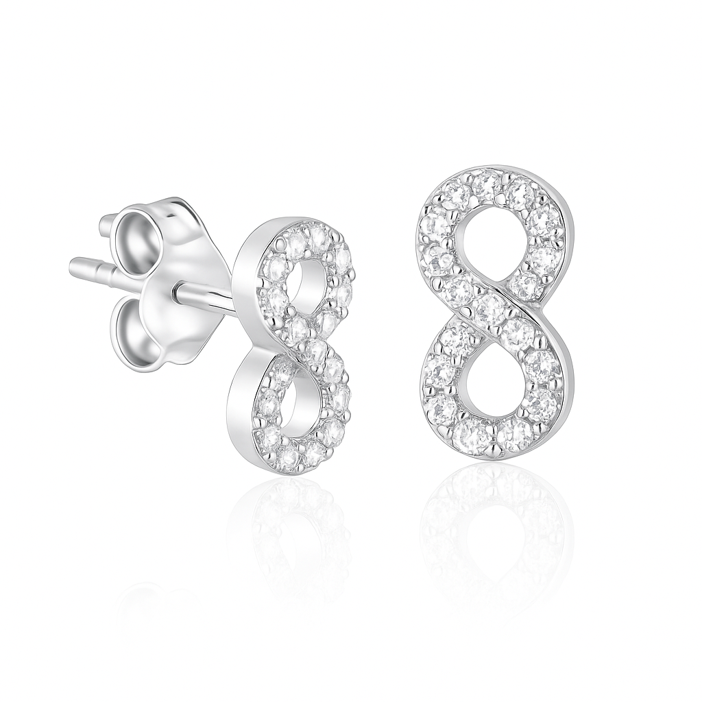 Cercei Infinit din argint 925 rodiat cu zirconii strălucitoare, pe fundal alb lucios – bijuterii elegante pentru femei.