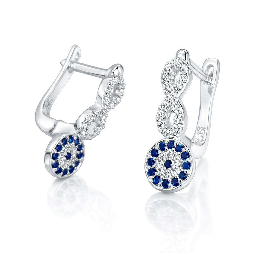 Cercei argint 925 eleganți cu Ochiul lui Dumnezeu și infinit, design simbolic cu pietre albastre