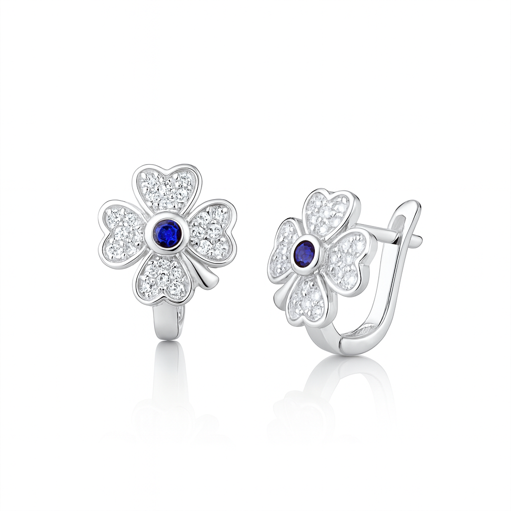 Cercei argint forma trifoi cu patru foi, model cu cristale și piatră albastră – InfinityBijoux