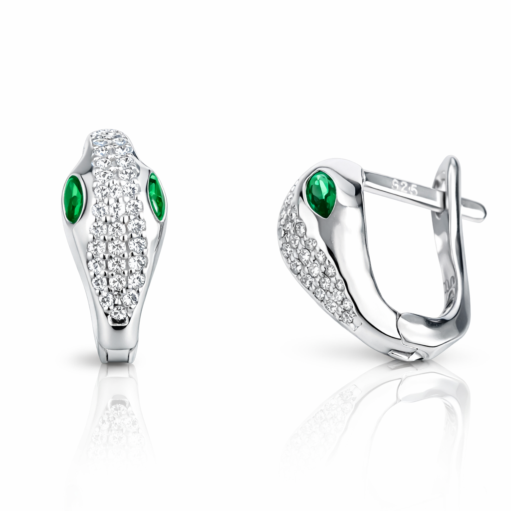 Cercei șarpe din argint 925 cu zirconii strălucitoare și ochi verzi, finisaj lucios premium