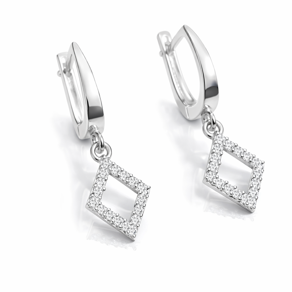 Cercei din argint 925 autentici cu pandantiv romb și pietre zirconii, bijuterii dama premium