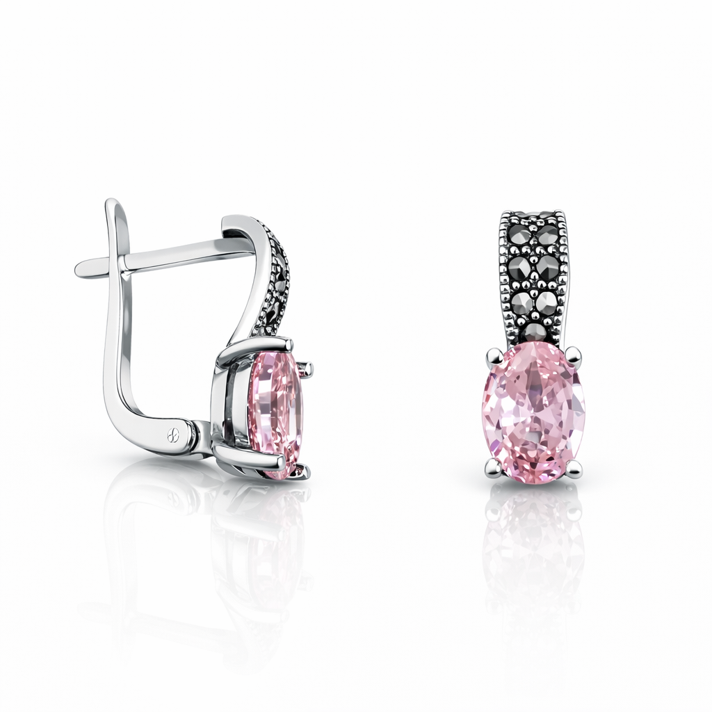Cercei din argint 925 cu marcasite și piatră roz ovală, design elegant cu tortiță