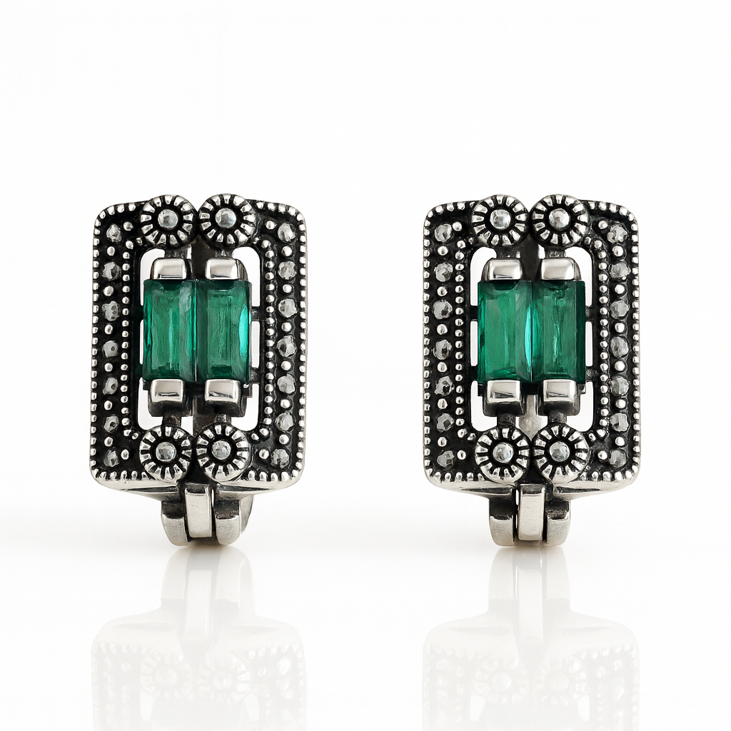 Cercei din argint 925 cu marcasite și pietre verzi, model vintage dreptunghiular, bijuterii elegante pentru femei