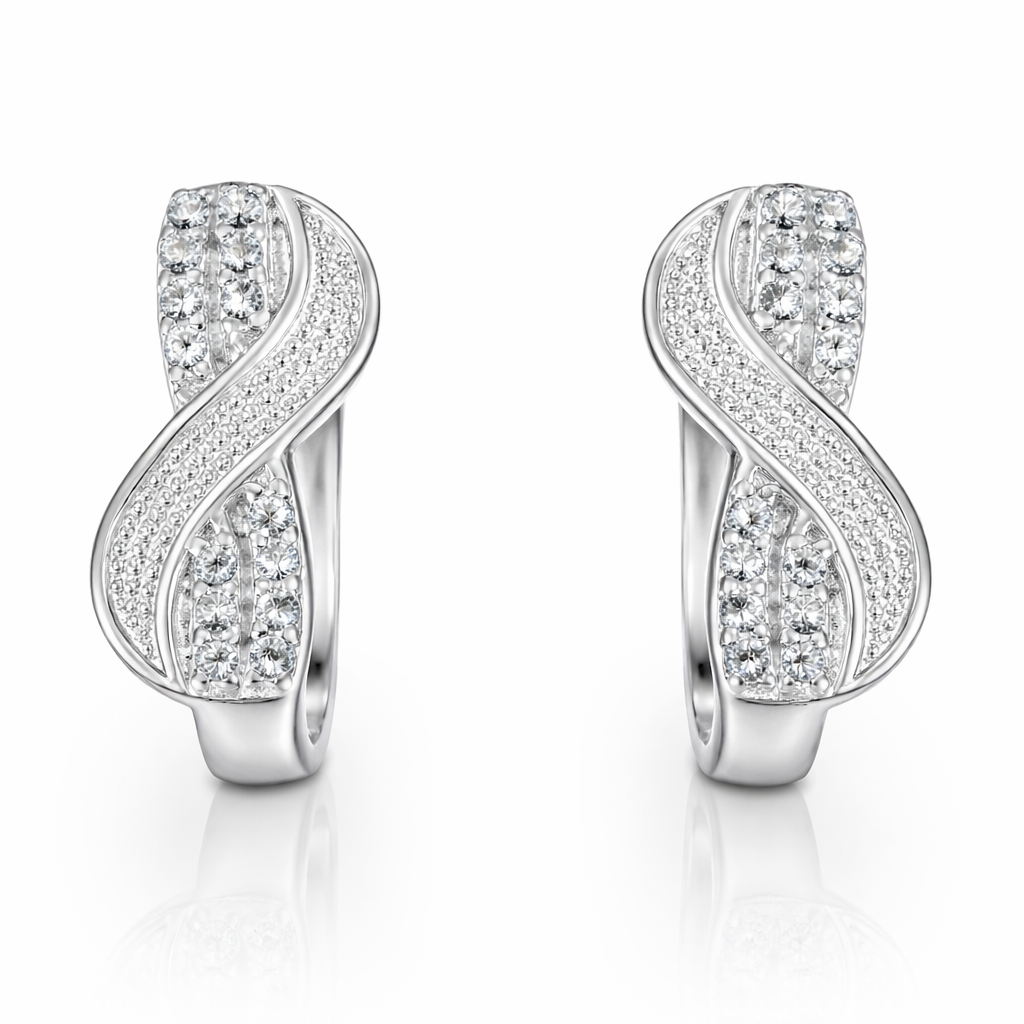 Cercei din argint 925 cu zirconii albe strălucitoare, design elegant ondulat