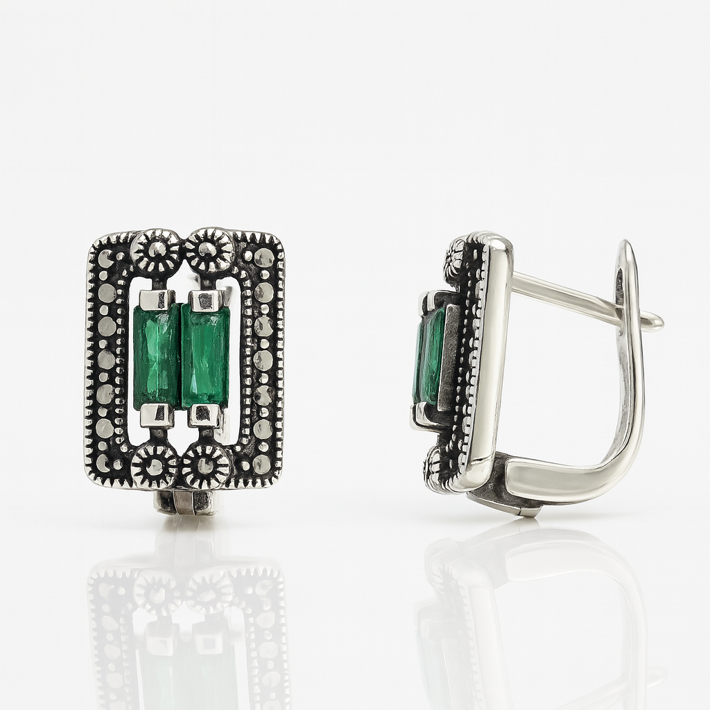 Cercei eleganți argint 925 cu pietre verzi și marcasite, design clasic 13x10 mm, accesorii premium pentru cadou