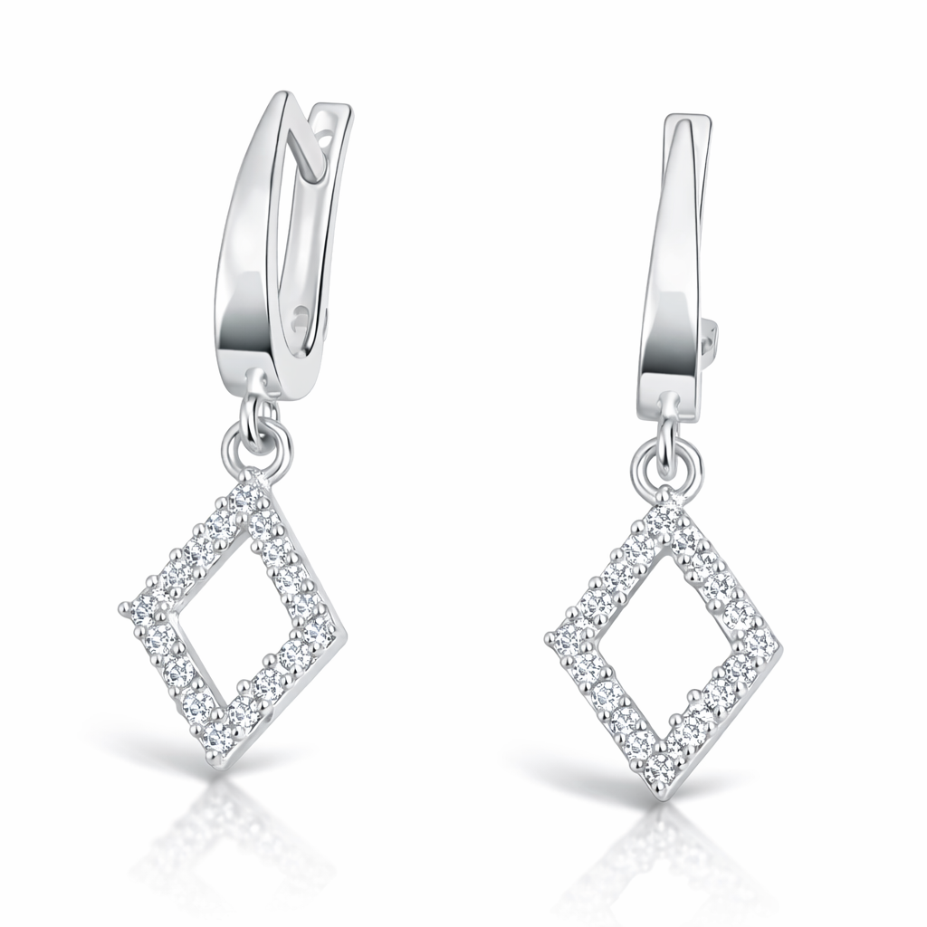 Cercei eleganți din argint 925 cu romb decorat cu zirconii strălucitoare, bijuterii moderne pentru femei