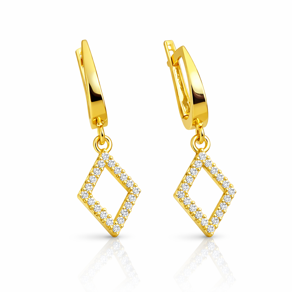 Cercei eleganți din argint 925 placat cu aur, romb decorat cu zirconii, lungime 3 cm