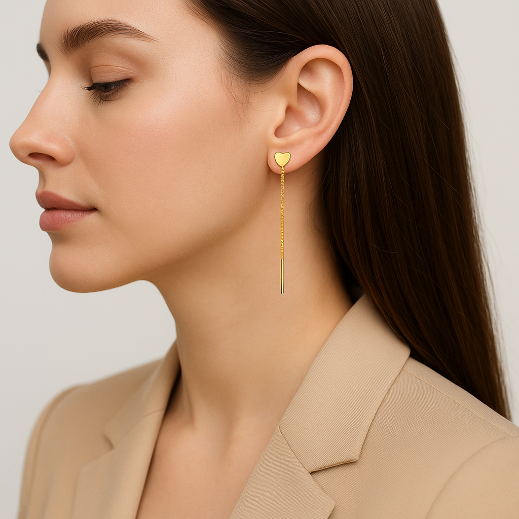 Cercei lungi cu inimă aurie, argint 925 placat cu aur 14K, accesorii fine