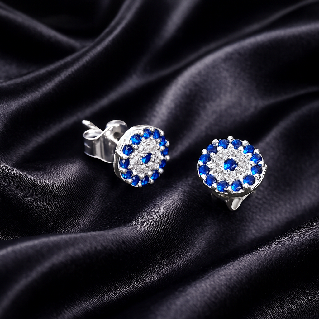 Cercei mici din argint 925 cu design circular și zirconii albastre – bijuterii damă