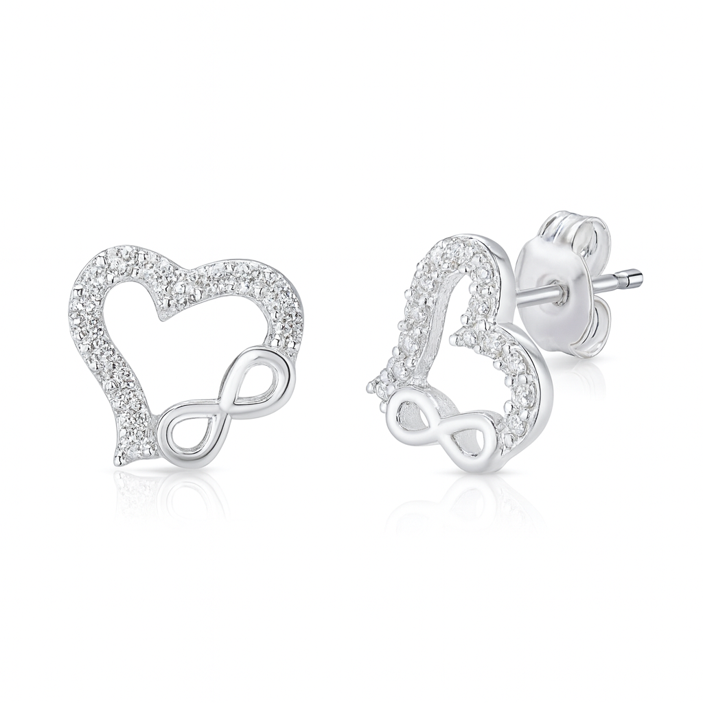 Cercei mici din argint 925 cu inimă decorată și semnul infinit – InfinityBijoux.ro