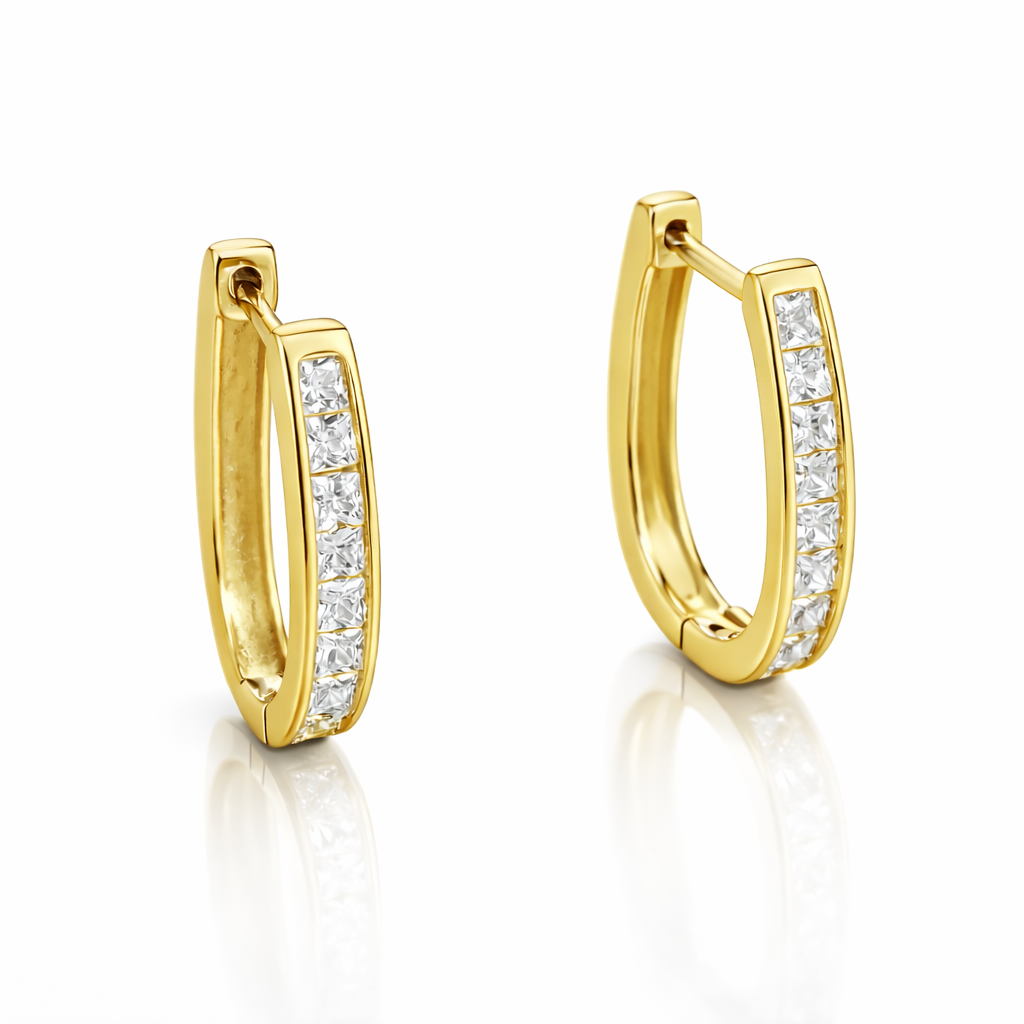 Cercei ovali din argint 925 placat cu aur 14K, cu zirconii strălucitoare, model 2 cm – bijuterii elegante pentru damă