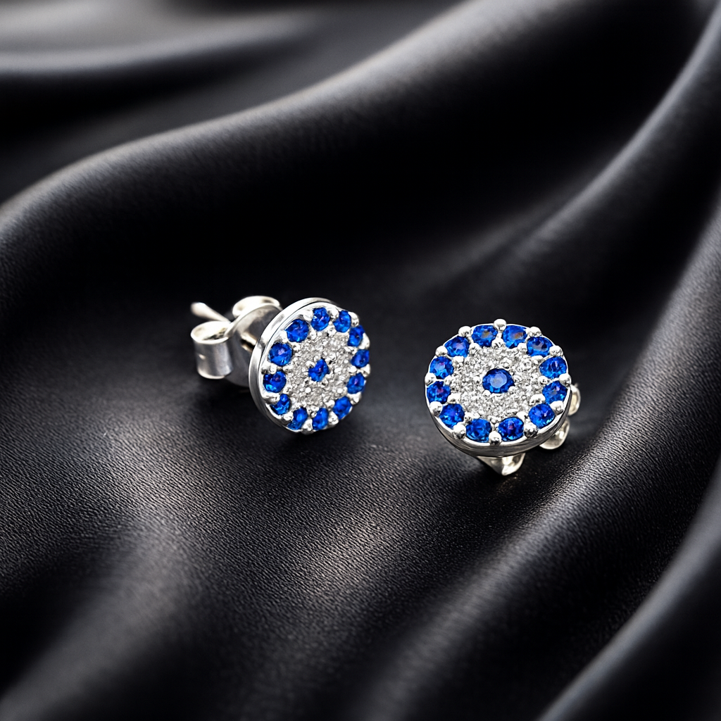 Cercei rotunzi argint cu pietre albastre – model ocrotire tip ochi protector