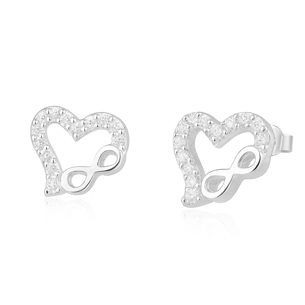 Cercei stud din argint 925 cu design inimă și simbolul infinit – luciu premium