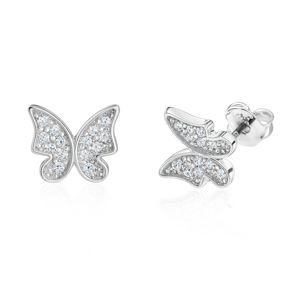 Cercei stud fluture argint 925, bijuterie fină cu pietre zirconiu