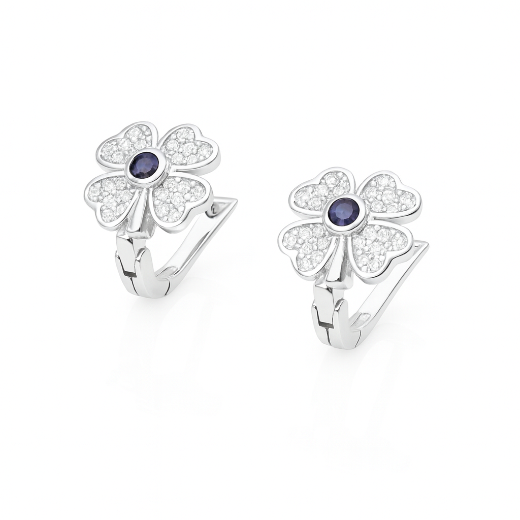 Cercei trifoi din argint 925 cu cristale și safir albastru – bijuterii elegante pentru femei