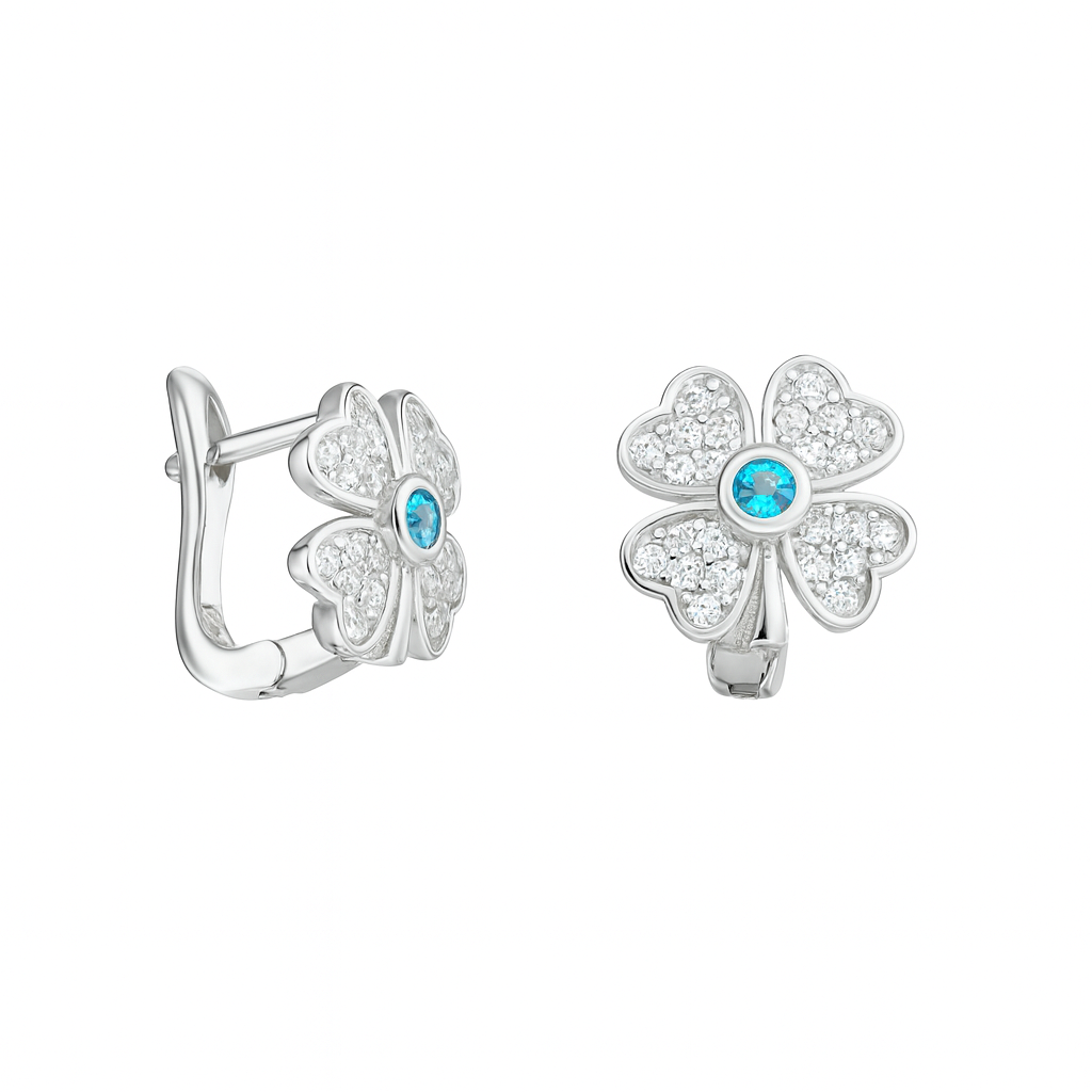 Cercei trifoi din argint 925 cu piatră albastră și zirconii – bijuterii elegante pentru femei