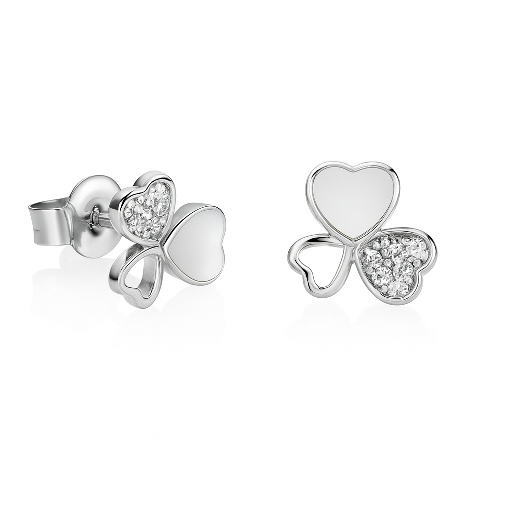 Cercei trifoi din argint 925 rodiat cu email alb și zirconii – bijuterii elegante InfinityBijoux