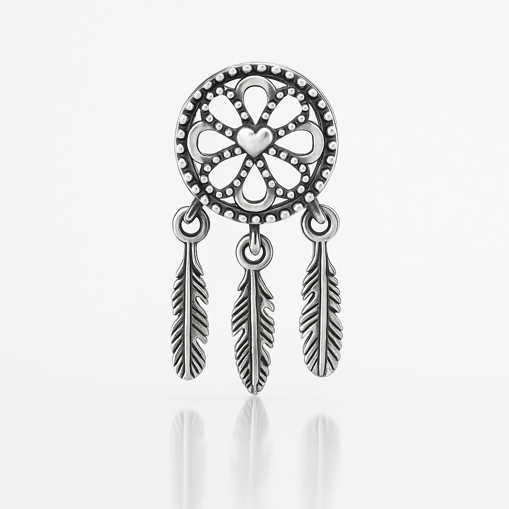 Charm Dream Catcher din argint 925 cu pene – talisman prinzător de vise, simbol al protecției și energiei pozitive