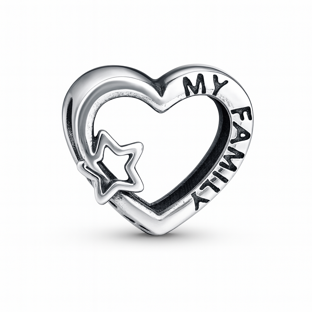 Charm My Family din argint 925 în formă de inimă și stea, compatibil Pandora
