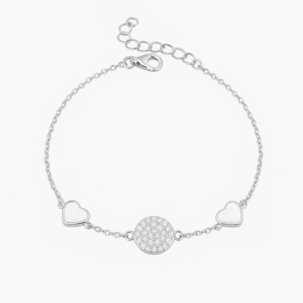 Brățară delicată cu inimioare sidef și medalion zirconii din Argint 925, ajustabilă, colecția Infinity Bijoux
