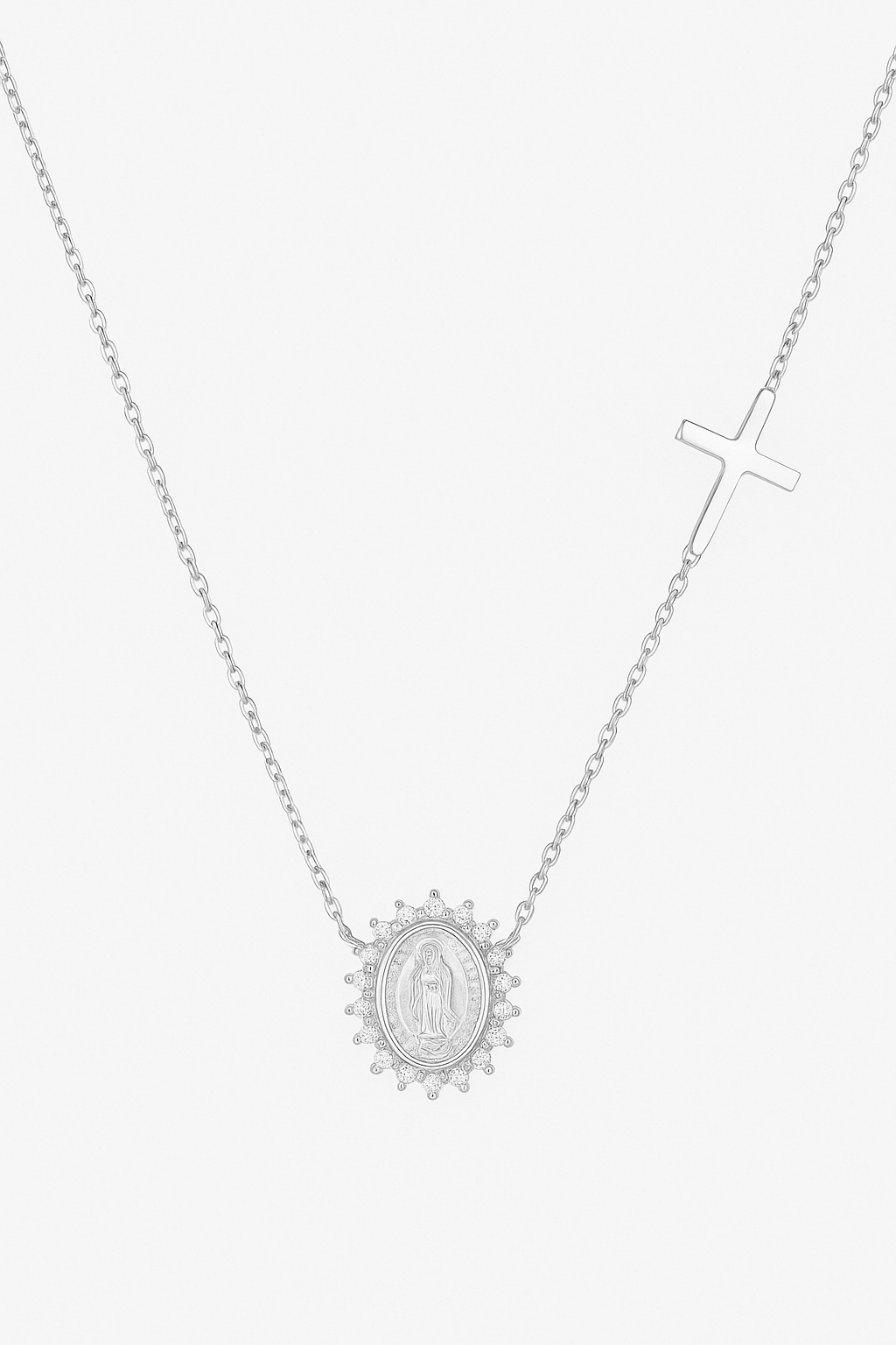 Colier din Argint 925 cu Medalion Fecioara Maria și Cruce, Elegant și Rafinat