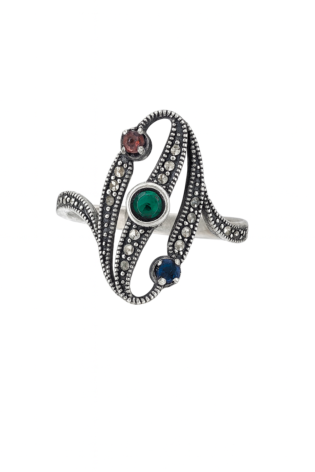 Inel „Trilogia Culorilor” din argint 925 cu marcasite și pietre roșu, verde, albastru marimea 22