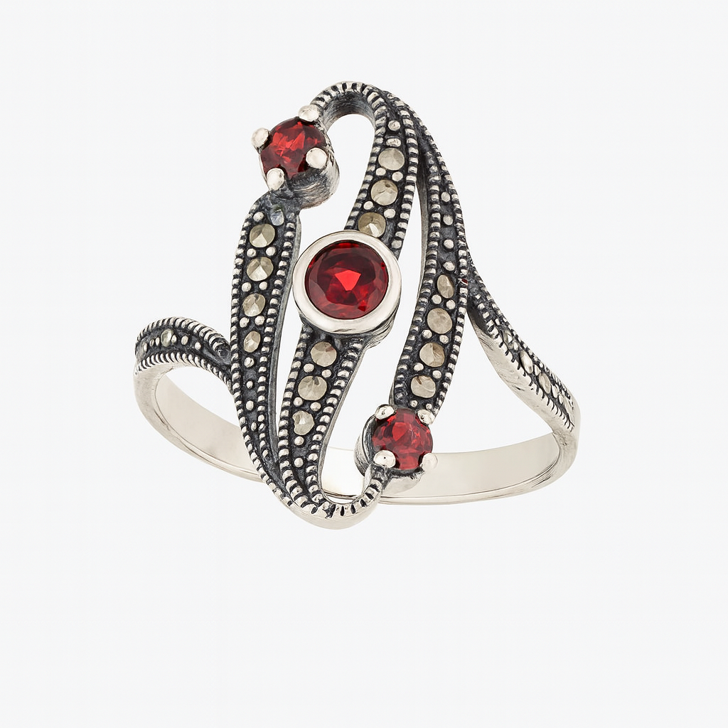Inel „Simfonia Pasiunii” din argint 925 cu marcasite și pietre roșii marimea 26