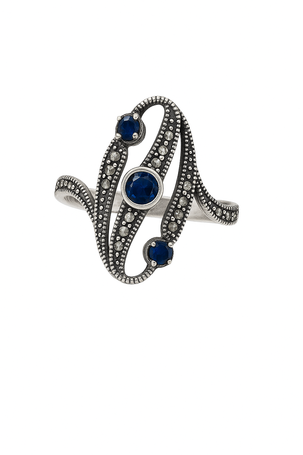 Inel „Misterul Oceanului” din argint 925 cu marcasite și pietre albastre marimea 18