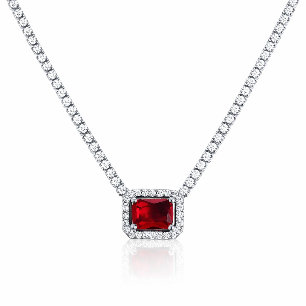 Colier damă argint 925 rodiat cu cristal roșu, design clasic