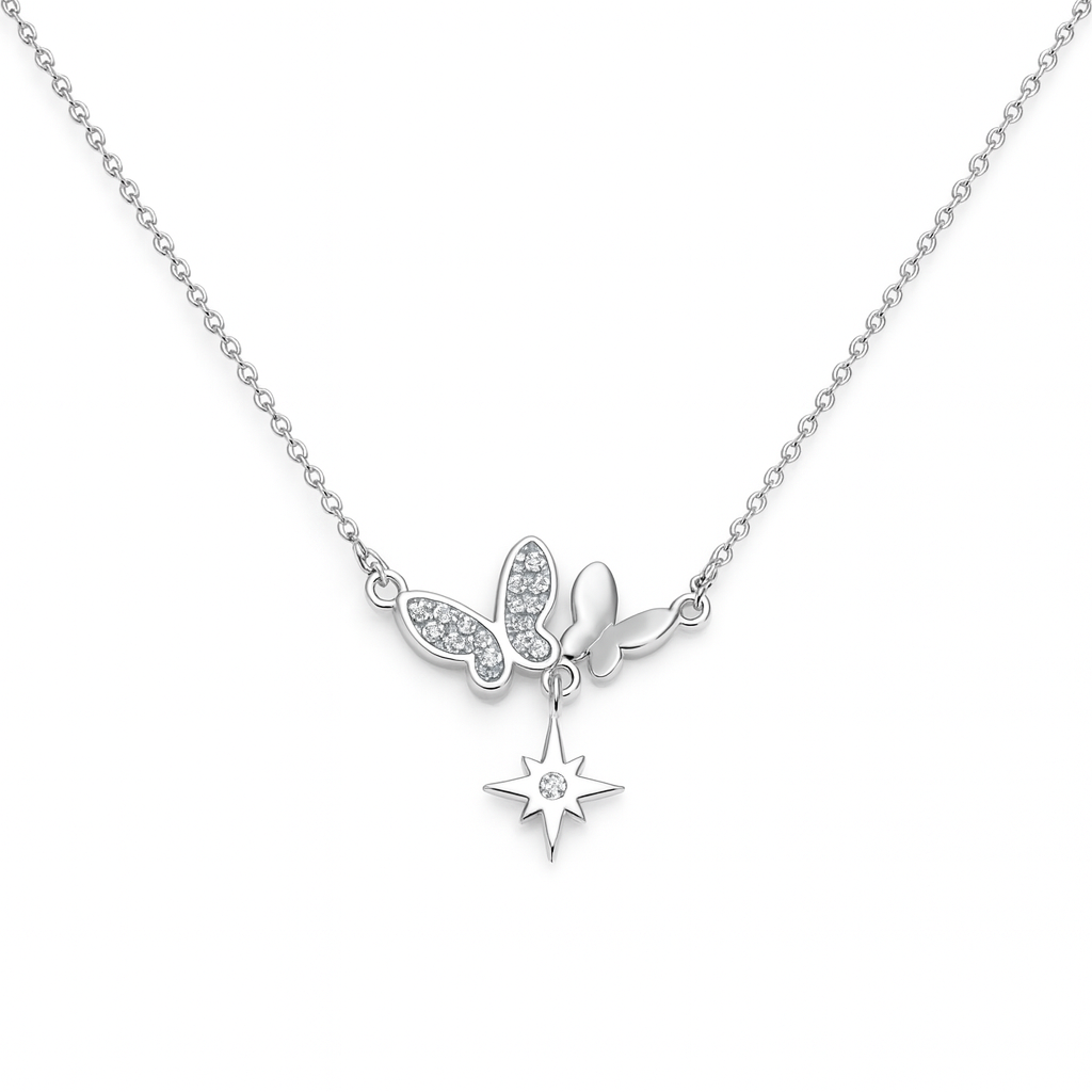 Colier fin argint 925 cu pandantiv fluture și stea, accesorii strălucitoare cadou femei