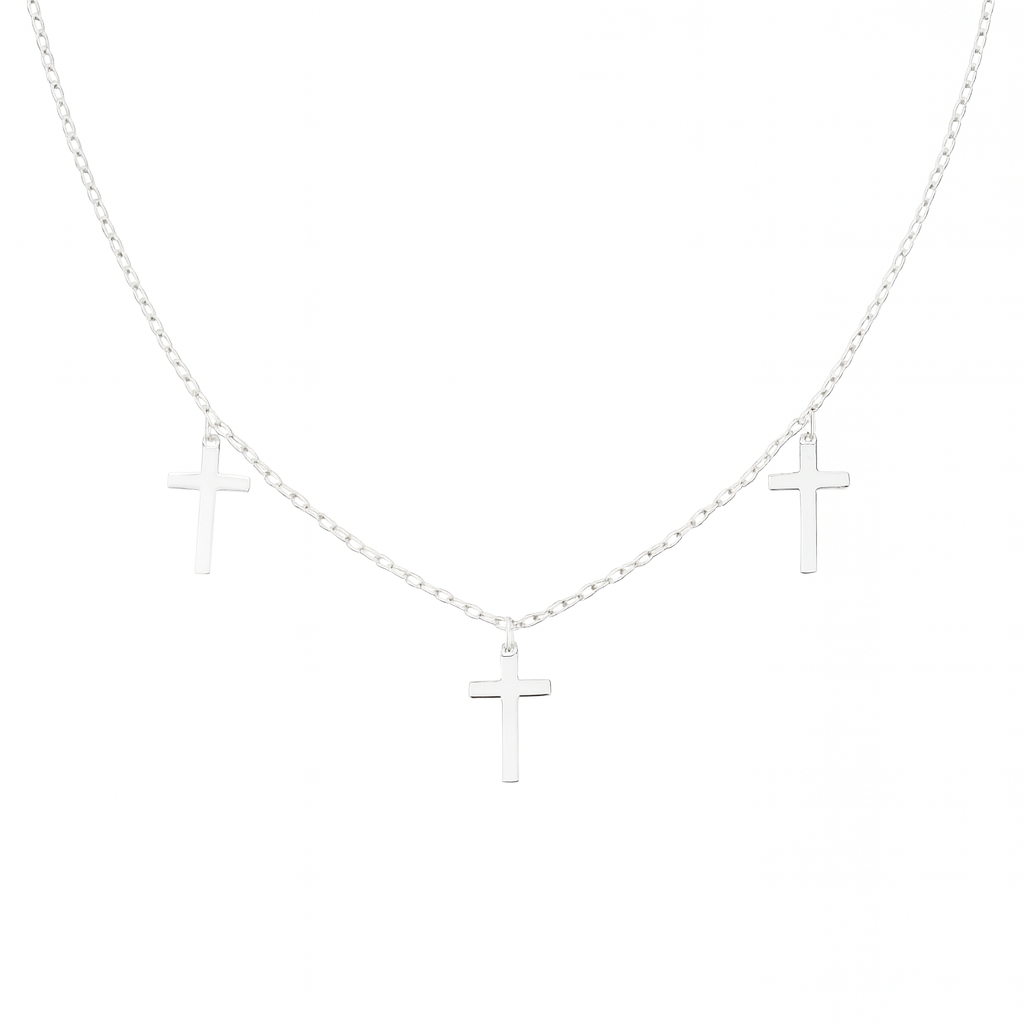 Colier religios din argint 925 cu trei pandantive-cruce, livrat în cutie cadou premium