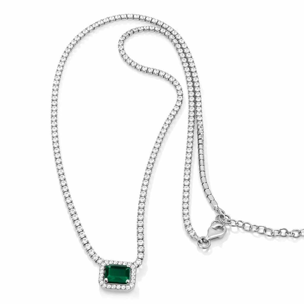 Colier tenis argint 925 cu cristal verde, finisaj rodiat lucios, lungime ajustabilă 44+3 cm