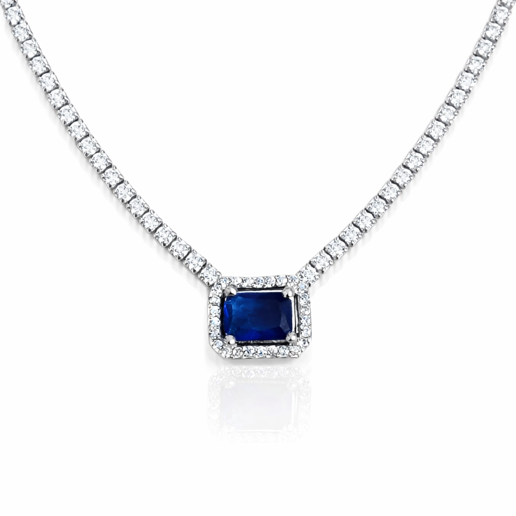 Colier tenis argint 925 cu safir albastru intens, bijuterie elegantă livrată în cutie cadou
