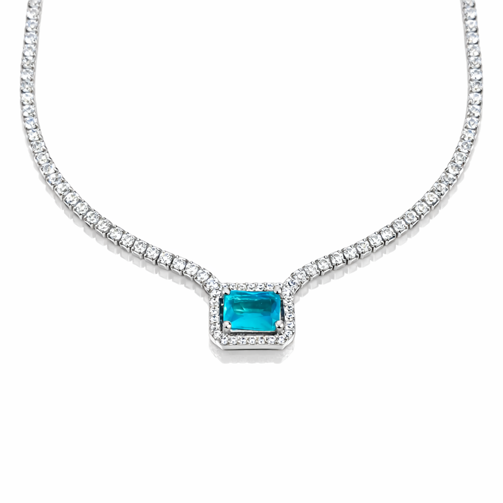 Colier tenis din argint 925 rodiat cu cristal albastru, bijuterie elegantă pentru femei