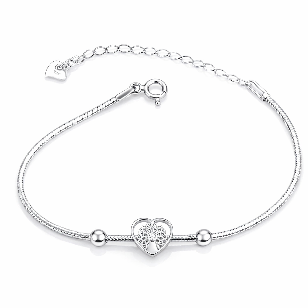 Detaliu brățară argint 925 cu inimă și Copacul Vieții, charm delicat 9x8 mm